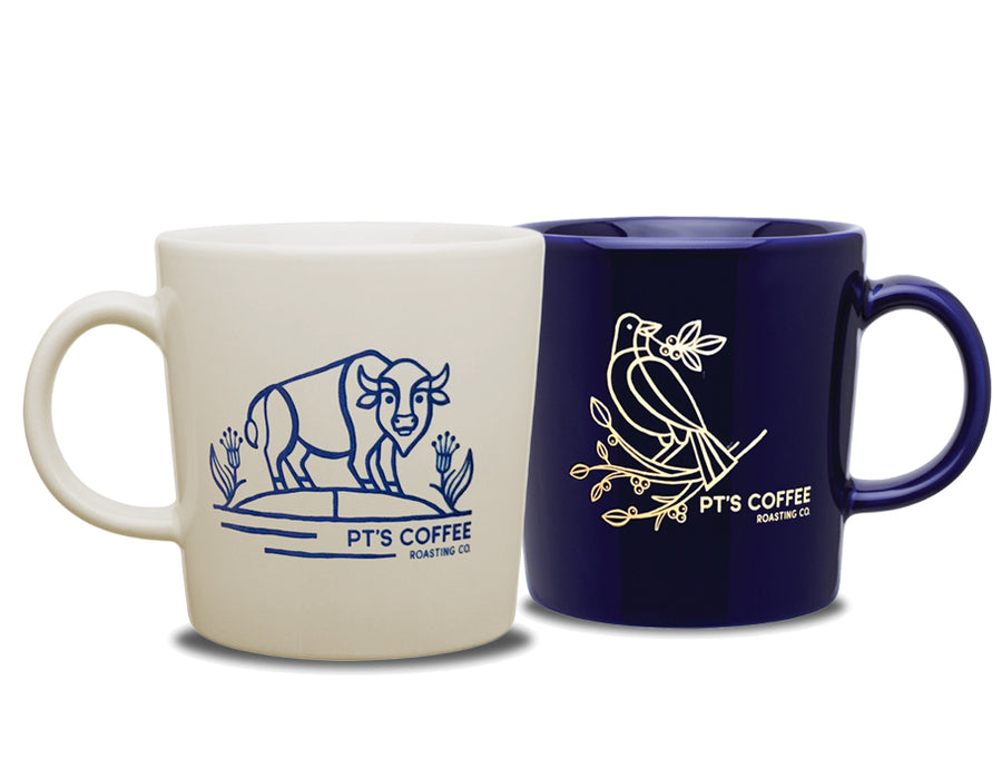 PT's Coffee blue and natural ceramic mugs
